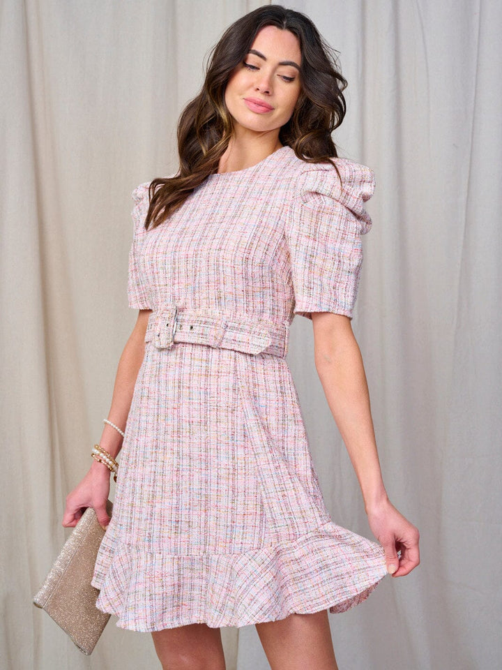 WOMEN'S SHORT PUFF SLEEVE BELTED DETAILED MINI DRESS