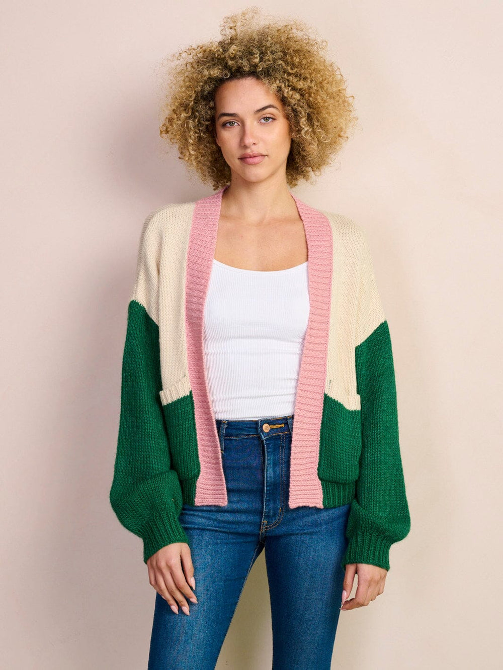 WOMEN'S LONG SLEEVE OPEN FRONT POCKETS COLORBLOCK CARDIGAN