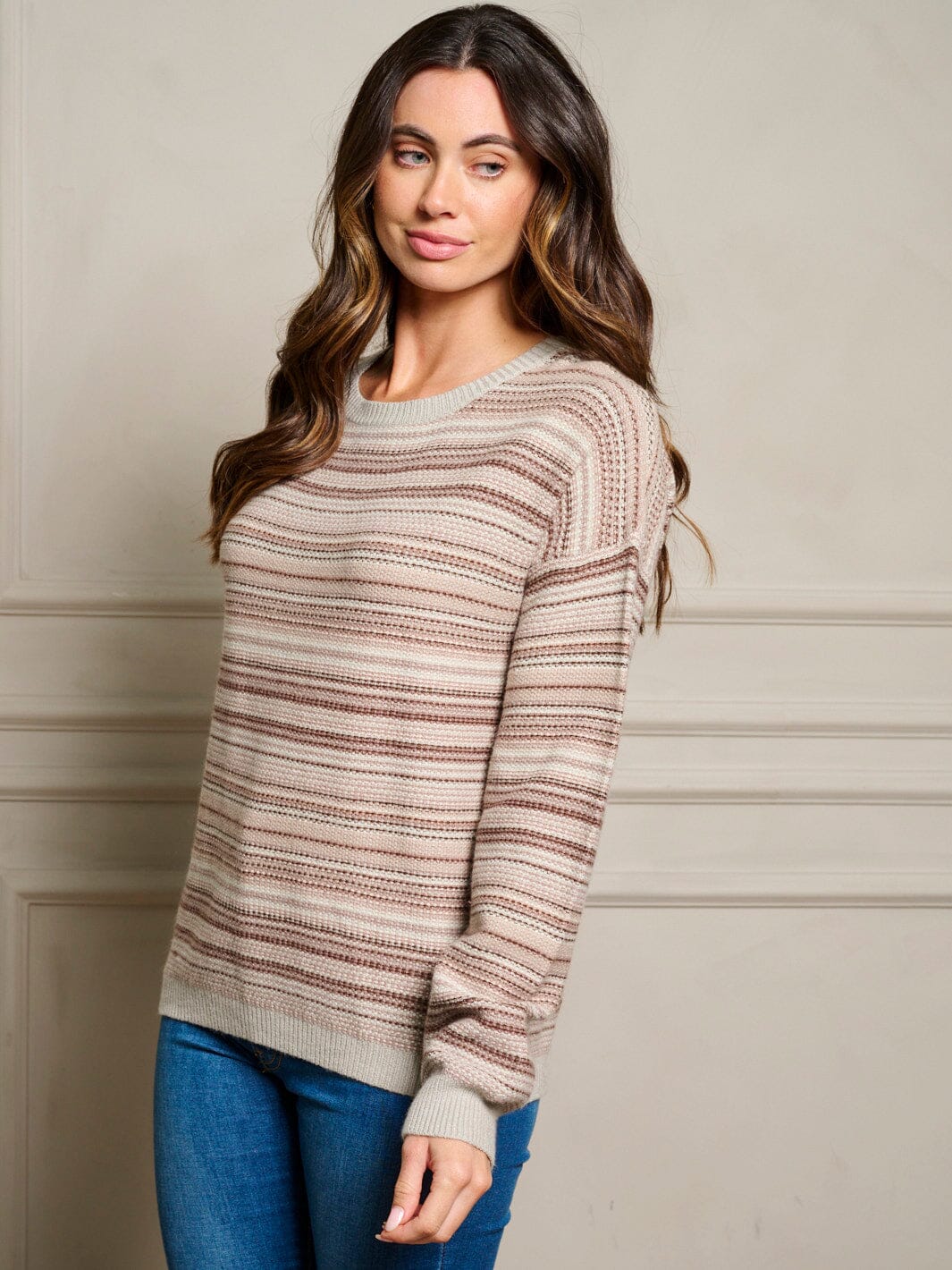 WOMEN'S LONG SLEEVE COLORBLOCK STRIPES PULLOVER SWEATER