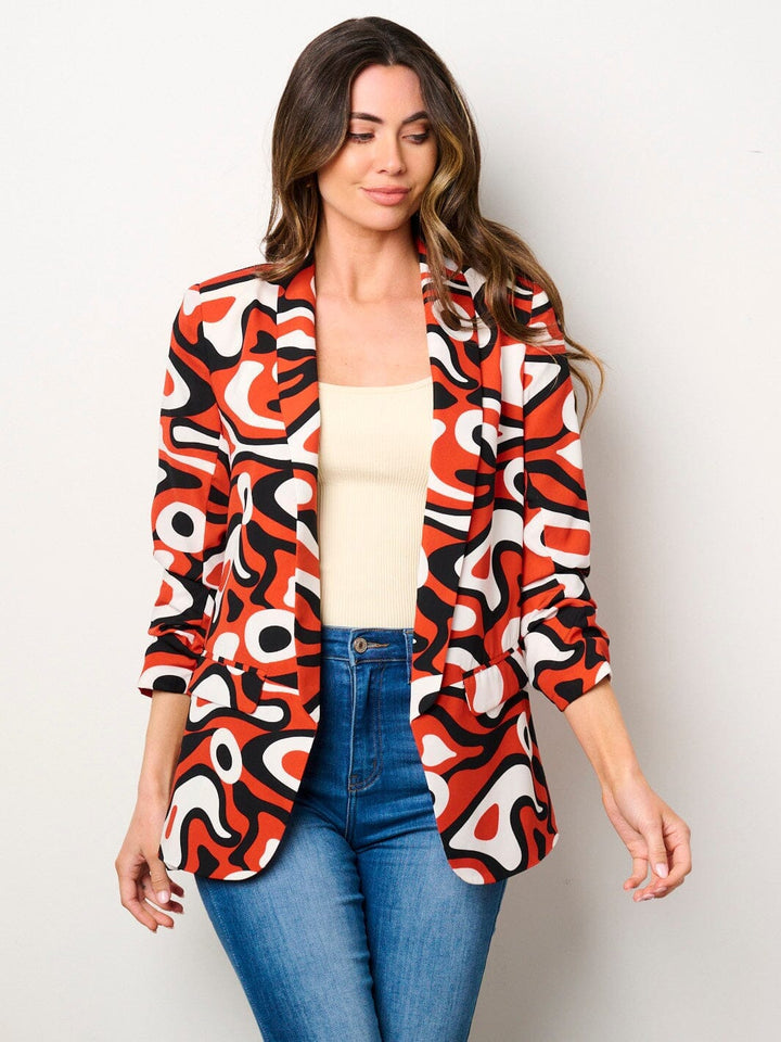 WOMEN'S 3/4 RUCHED SLEEVES OPEN FRONT POCKETS PRINTED BLAZER