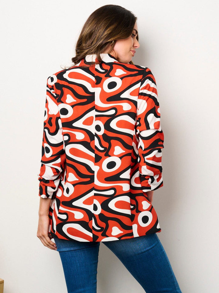 WOMEN'S 3/4 RUCHED SLEEVES OPEN FRONT POCKETS PRINTED BLAZER