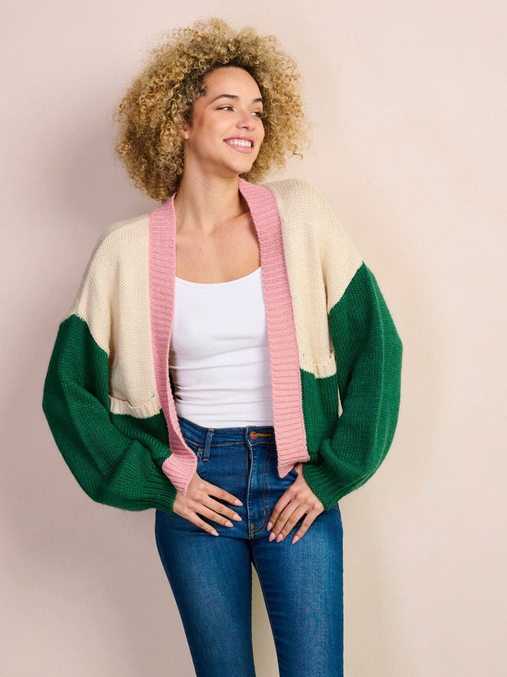 WOMEN'S LONG SLEEVE OPEN FRONT POCKETS COLORBLOCK CARDIGAN