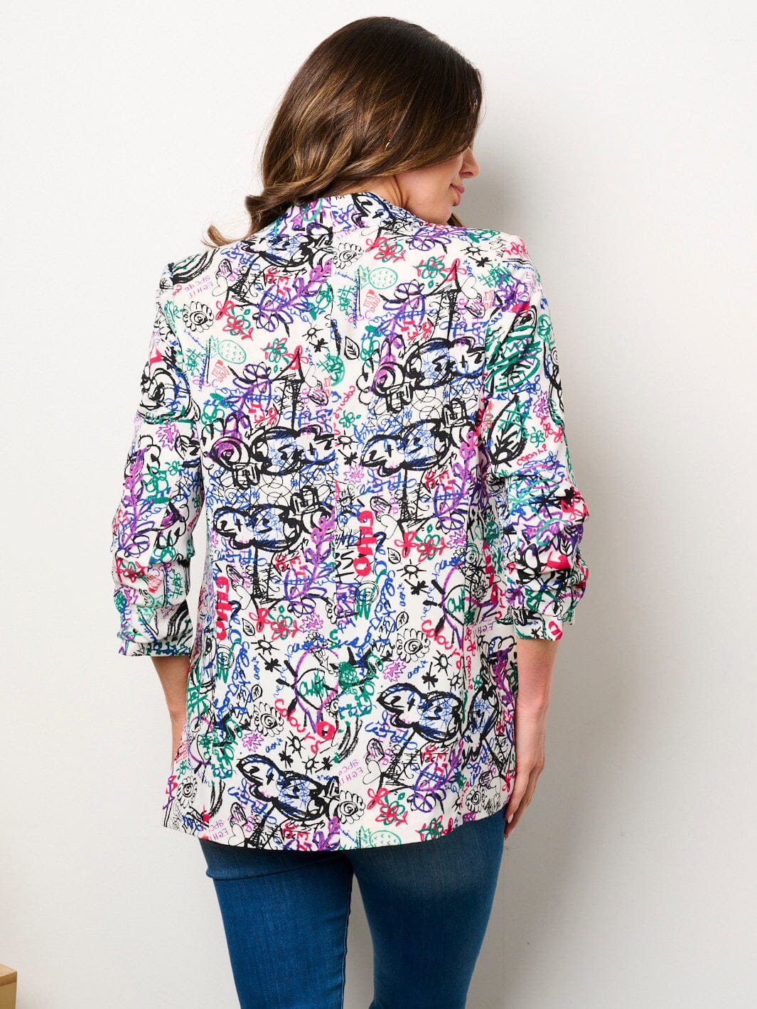 WOMEN'S 3/4 RUCHED SLEEVES OPEN FRONT POCKETS PRINTED BLAZER