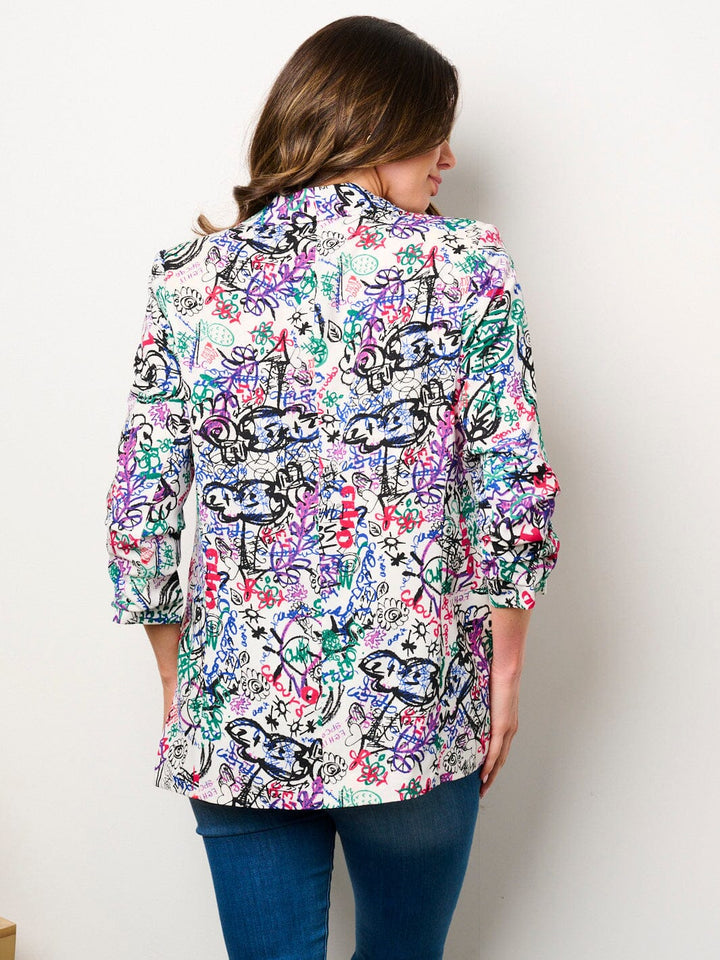 WOMEN'S 3/4 RUCHED SLEEVES OPEN FRONT POCKETS PRINTED BLAZER