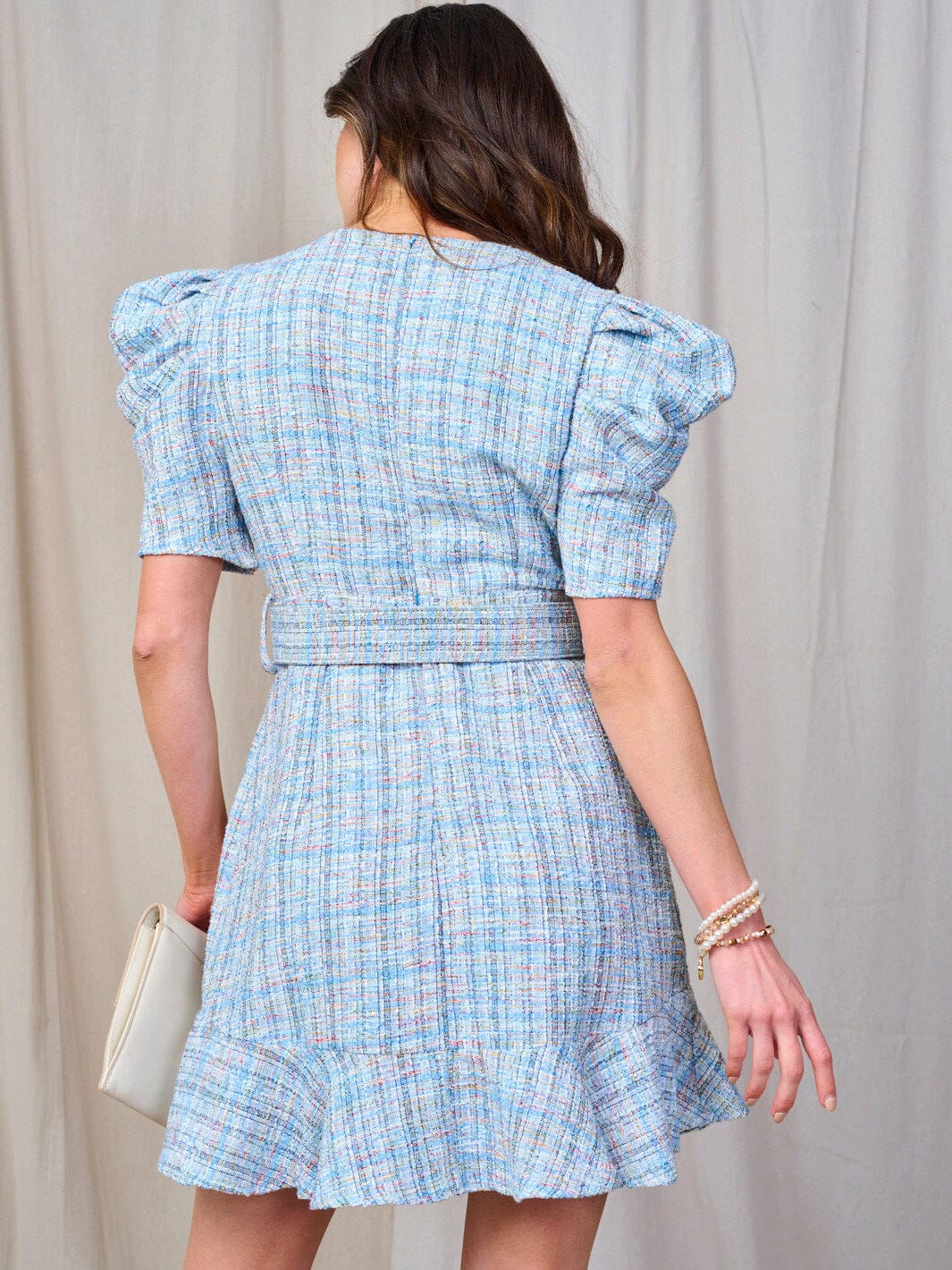 WOMEN'S SHORT PUFF SLEEVE BELTED DETAILED MINI DRESS