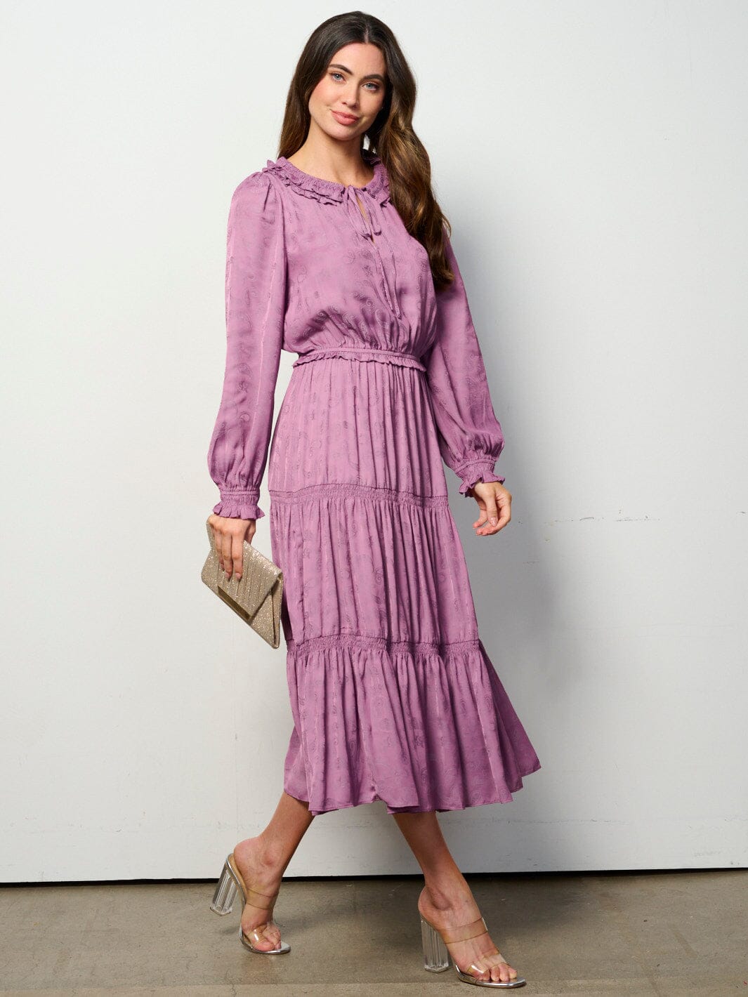 WOMEN'S LONG SLEEVE ELASTIC WAIST TIERED PAISLEY PRINT MAXI DRESS