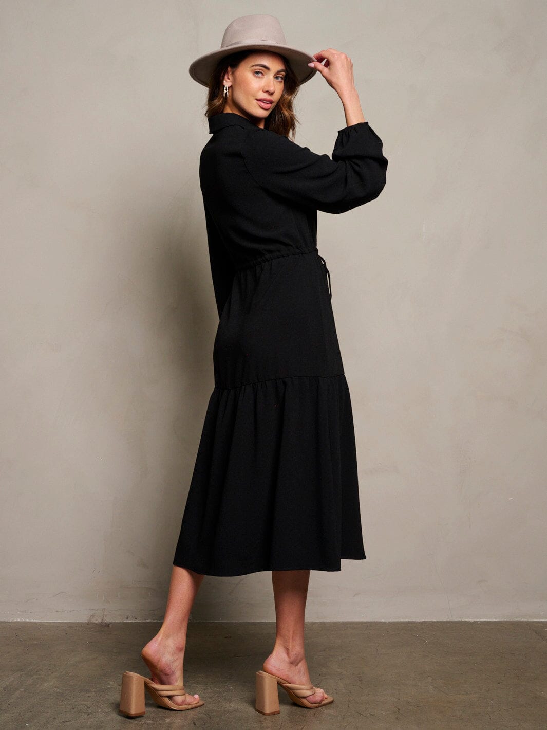 WOMEN'S LONG PUFF SLEEVE BUTTON UP MAXI DRESS