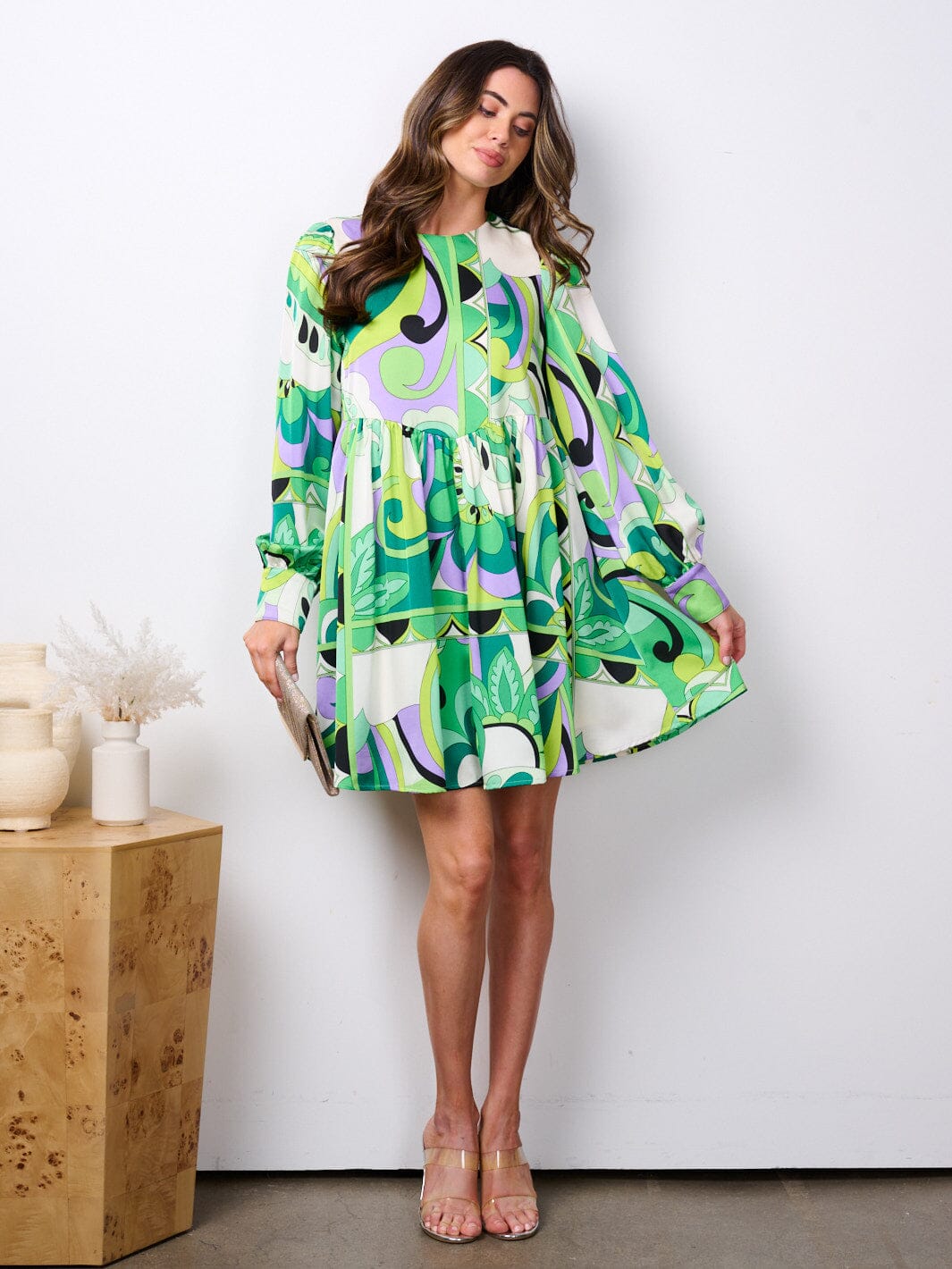 WOMEN'S LONG SLEEVE POCKETS MULTI PRINT TUNIC MINI DRESS