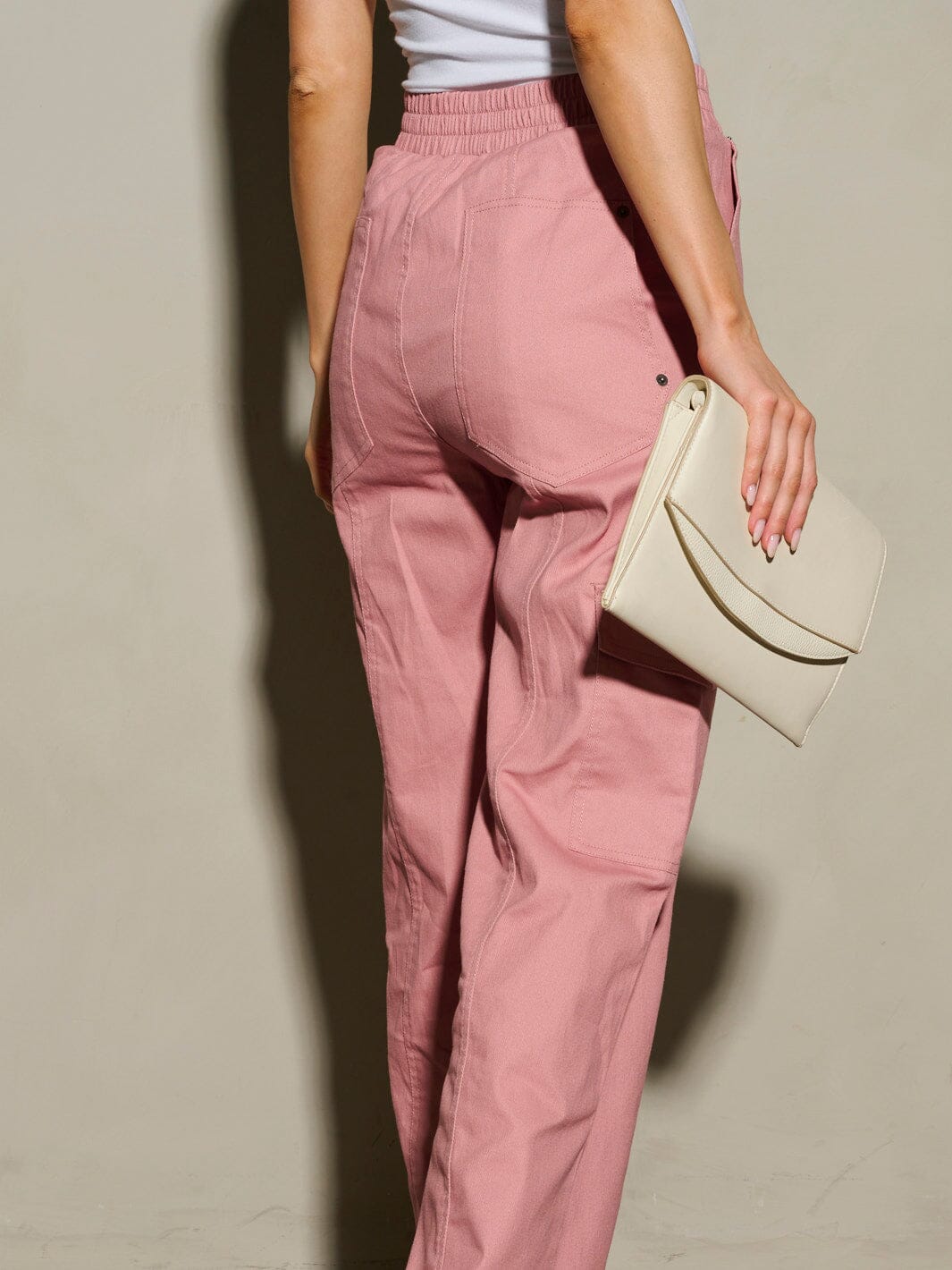 WOMEN'S ELASTIC WAIST CARGO POCKETS WIDE LEG PANTS