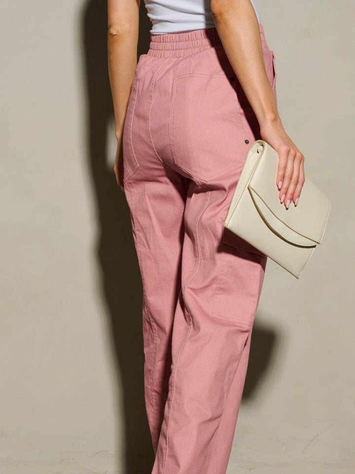 WOMEN'S ELASTIC WAIST CARGO POCKETS WIDE LEG PANTS