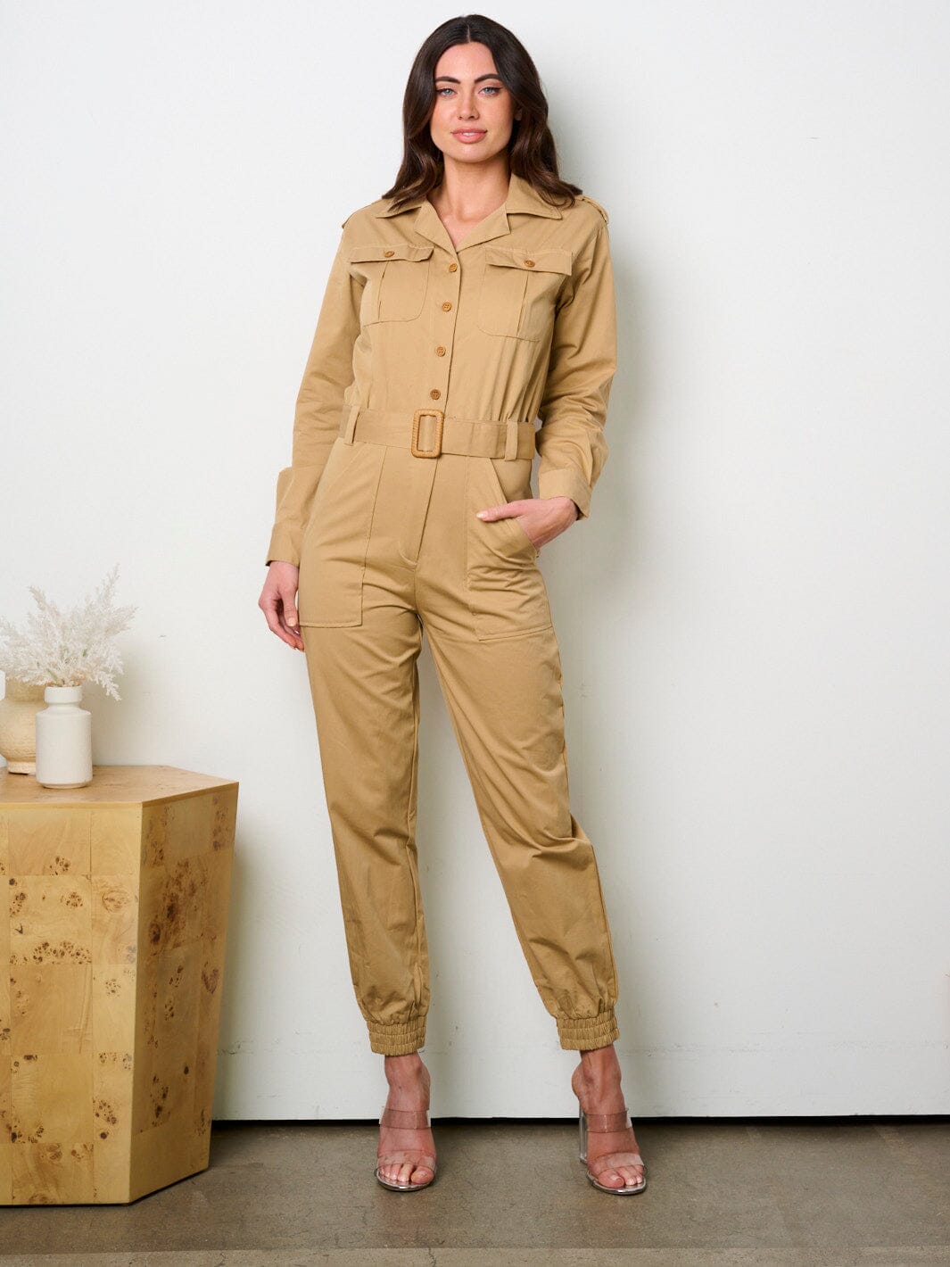 WOMEN'S LONG SLEEVE BUTTON UP POCKETS JOGGER JUMPSUIT
