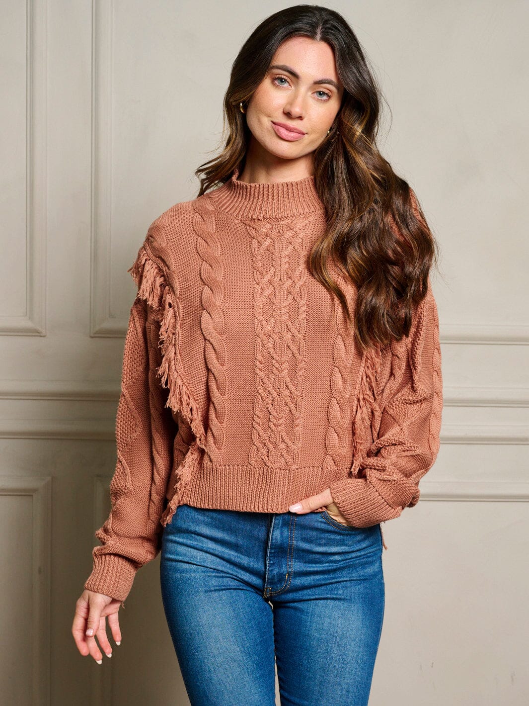 WOMEN'S LONG SLEEVE FRINGE TRIM CABLE KNIT PULLOVER SWEATER