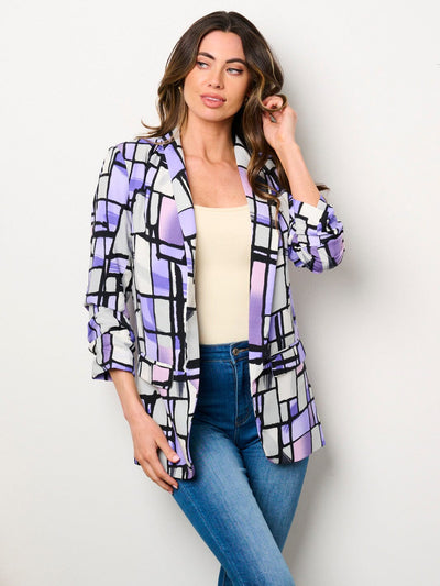 WOMEN'S 3/4 RUCHED SLEEVES OPEN FRONT POCKETS PRINTED BLAZER