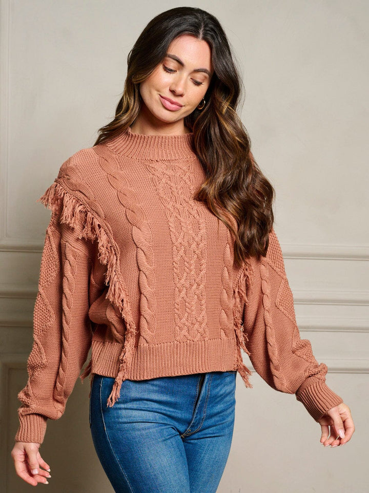 WOMEN'S LONG SLEEVE FRINGE TRIM CABLE KNIT PULLOVER SWEATER