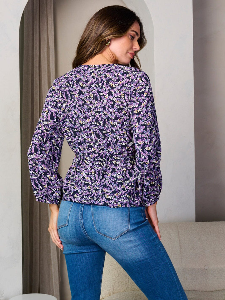 WOMEN'S LONG SLEEVE WRAP PEPLUM FLORAL BLOUSE TOP