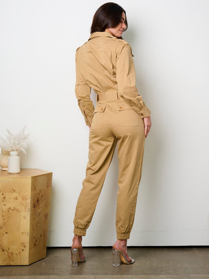 WOMEN'S LONG SLEEVE BUTTON UP POCKETS JOGGER JUMPSUIT