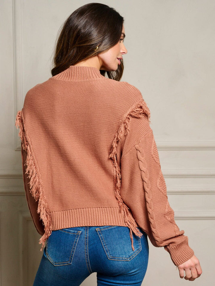 WOMEN'S LONG SLEEVE FRINGE TRIM CABLE KNIT PULLOVER SWEATER