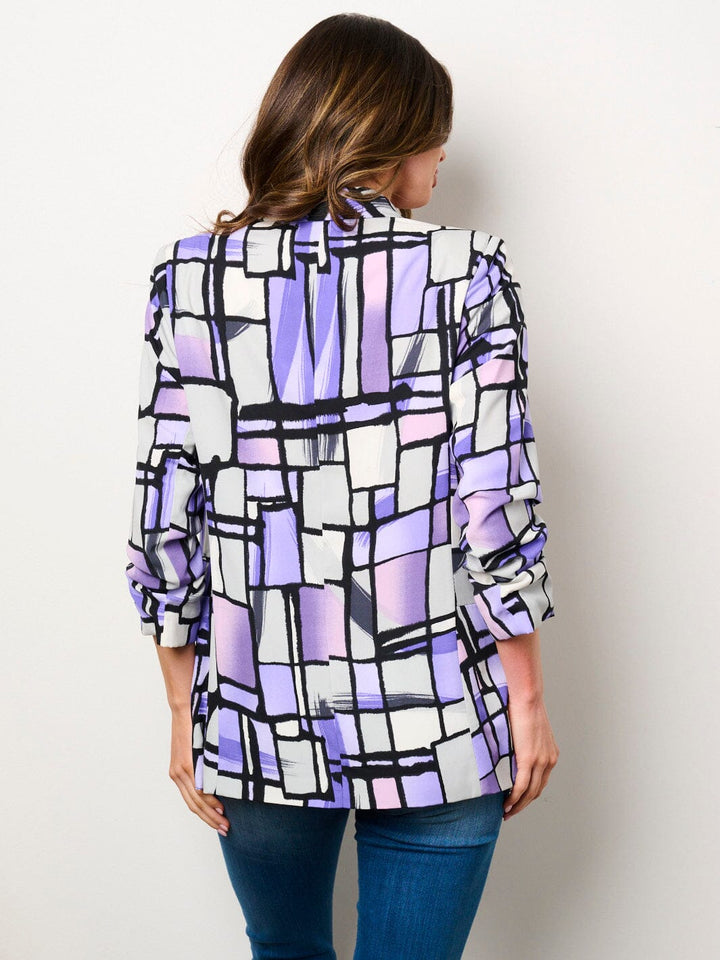 WOMEN'S 3/4 RUCHED SLEEVES OPEN FRONT POCKETS PRINTED BLAZER