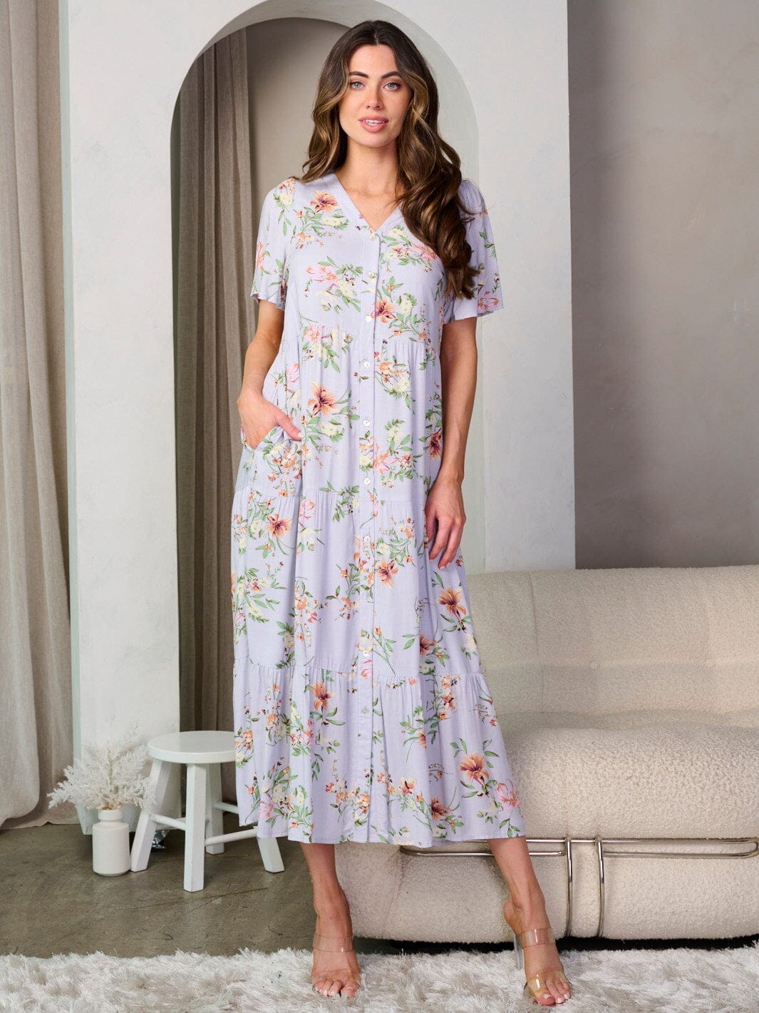 WOMEN'S SHORT SLEEVE BUTTON UP POCKETS FLORAL MAXI DRESS