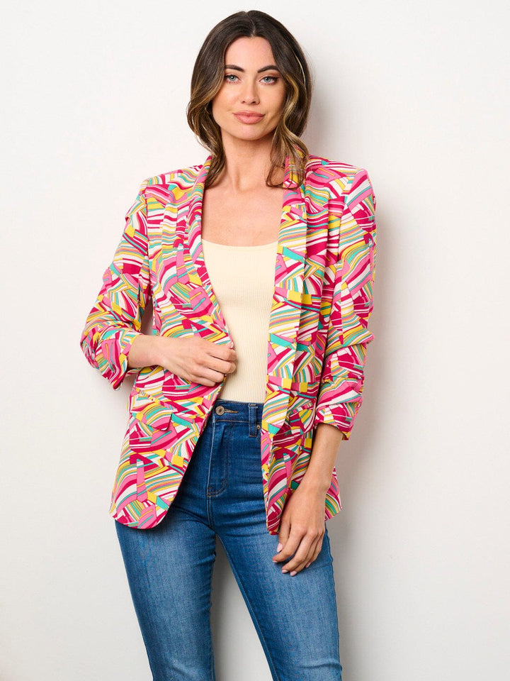 WOMEN'S 3/4 RUCHED SLEEVES OPEN FRONT POCKETS PRINTED BLAZER