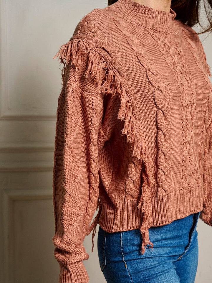 WOMEN'S LONG SLEEVE FRINGE TRIM CABLE KNIT PULLOVER SWEATER