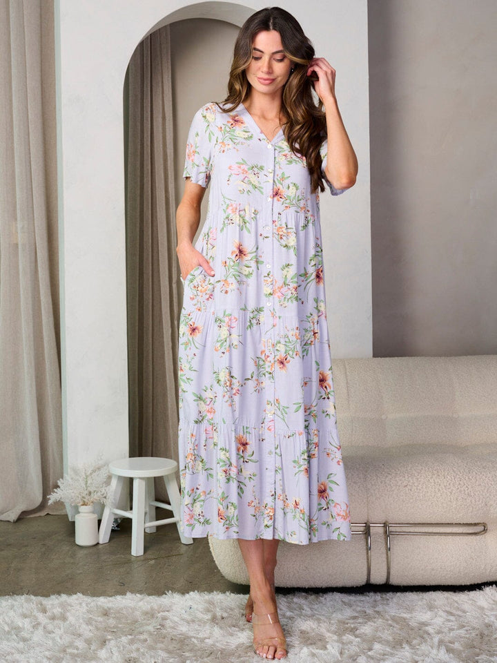 WOMEN'S SHORT SLEEVE BUTTON UP POCKETS FLORAL MAXI DRESS