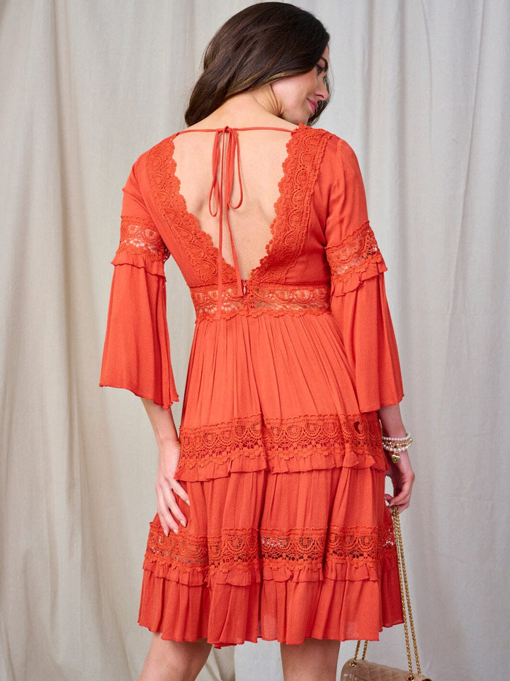 WOMEN'S 3/4 SLEEVE V-NECK CROCHET DETAILED MINI DRESS