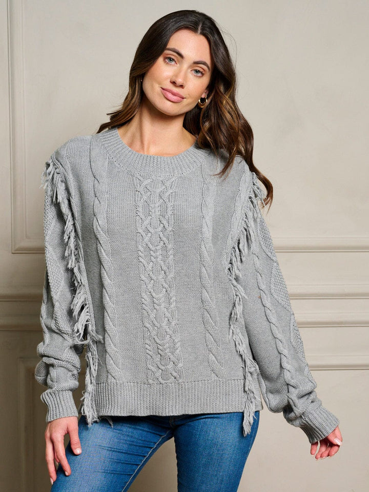 WOMEN'S LONG SLEEVE FRINGE TRIM CABLE KNIT PULLOVER SWEATER