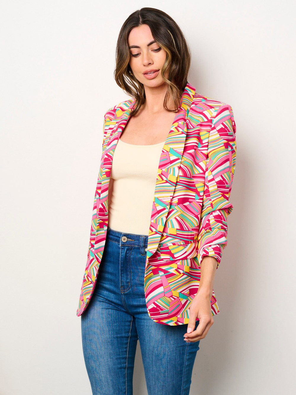 WOMEN'S 3/4 RUCHED SLEEVES OPEN FRONT POCKETS PRINTED BLAZER