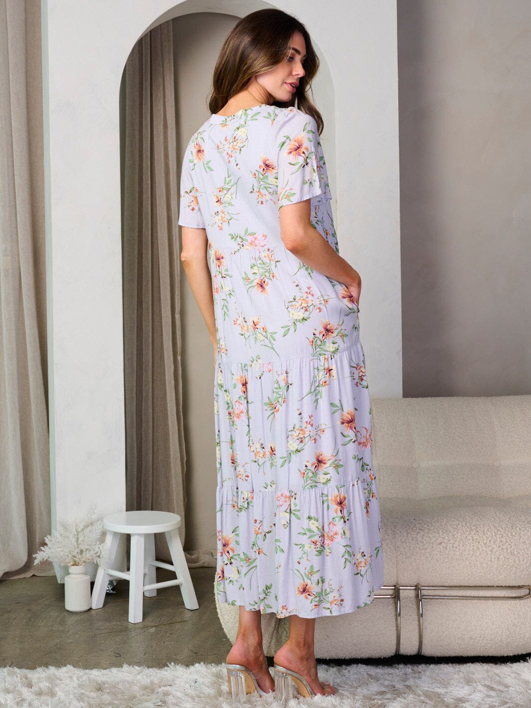 WOMEN'S SHORT SLEEVE BUTTON UP POCKETS FLORAL MAXI DRESS