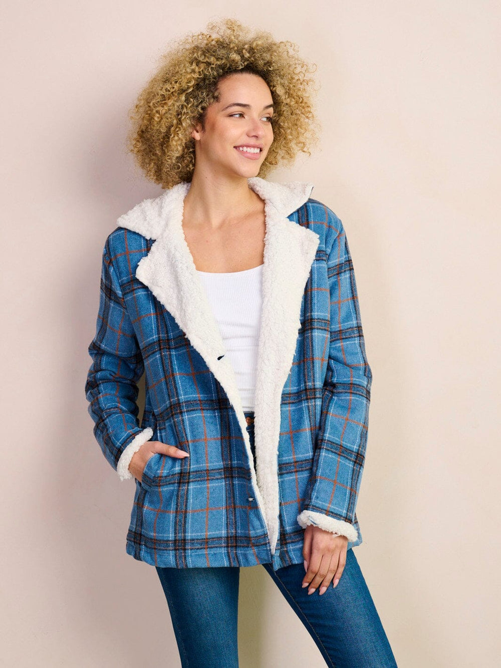 WOMEN'S LONG SLEEVE POCKETS BUTTON CLOSURE PLAID SHERPA JACKET