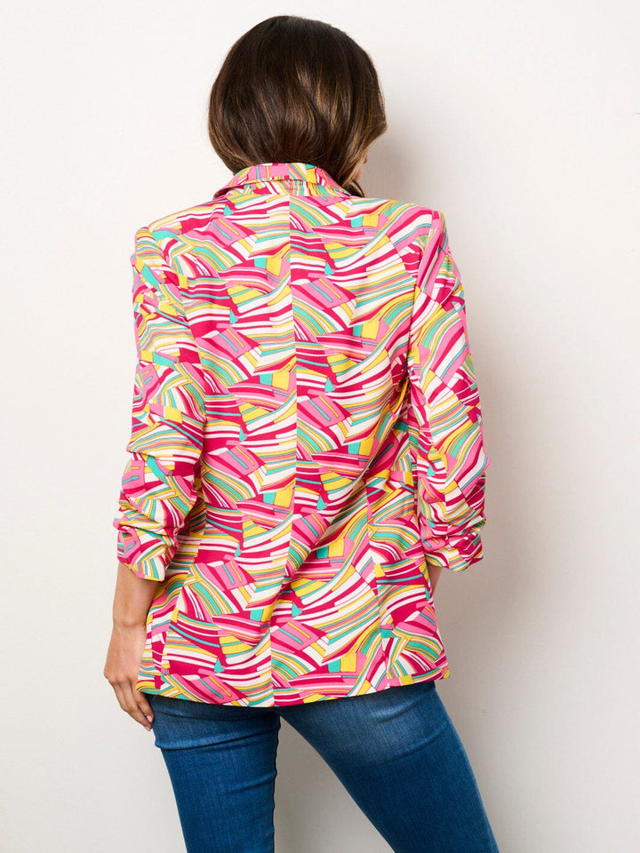 WOMEN'S 3/4 RUCHED SLEEVES OPEN FRONT POCKETS PRINTED BLAZER