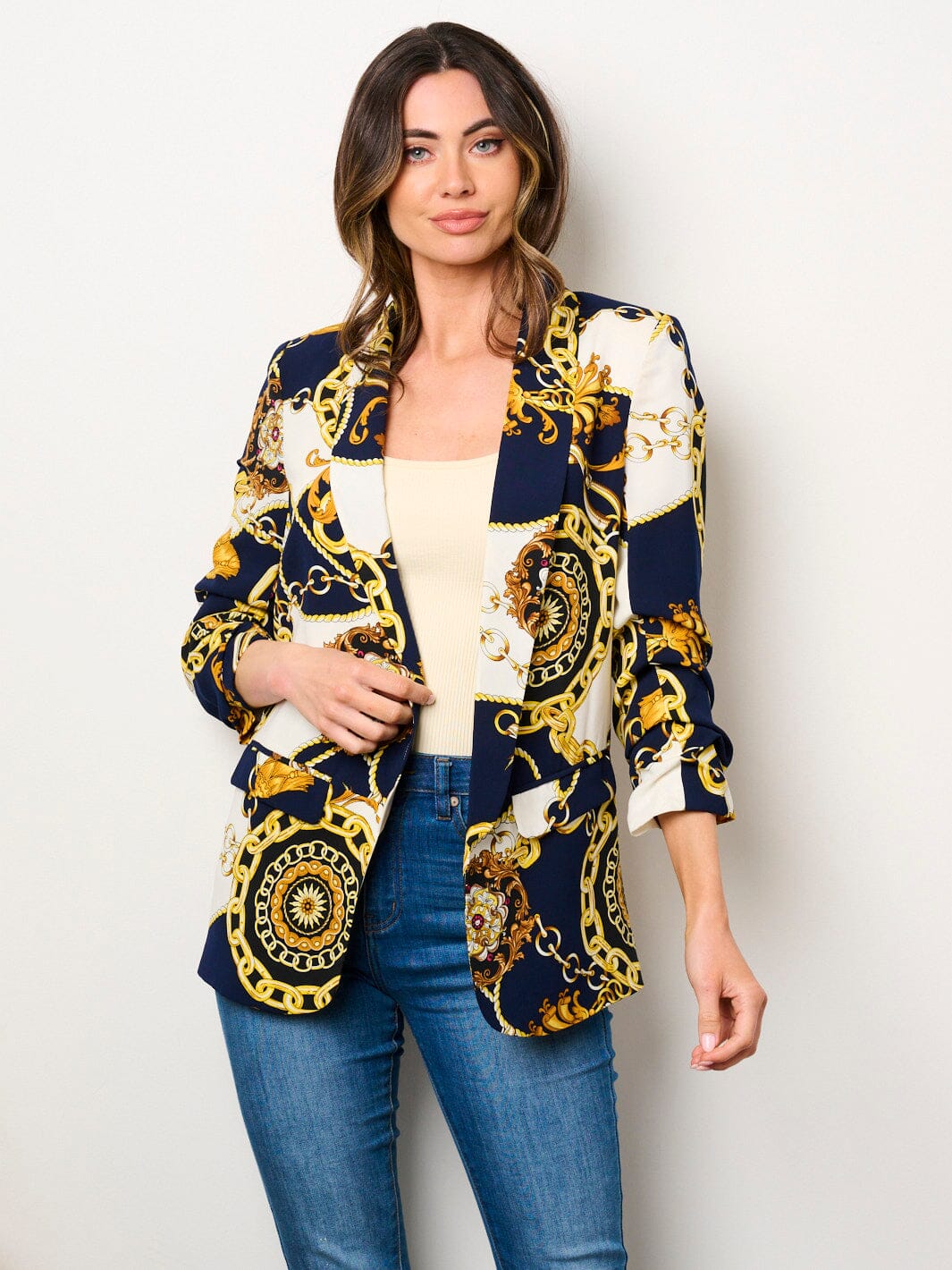 WOMEN'S 3/4 RUCHED SLEEVES OPEN FRONT POCKETS PRINTED BLAZER