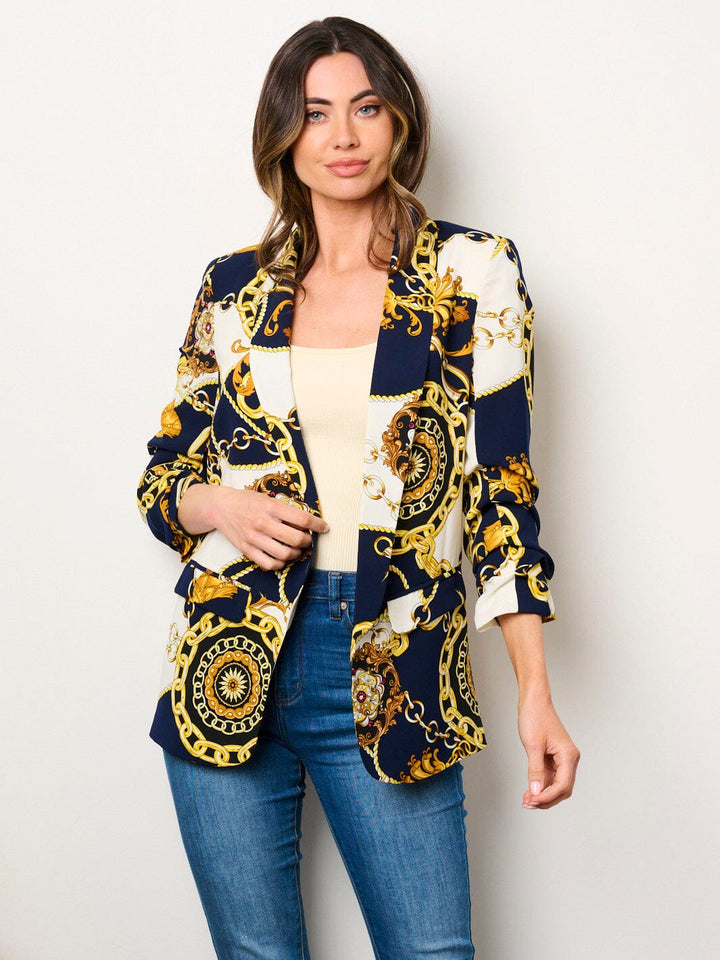 WOMEN'S 3/4 RUCHED SLEEVES OPEN FRONT POCKETS PRINTED BLAZER