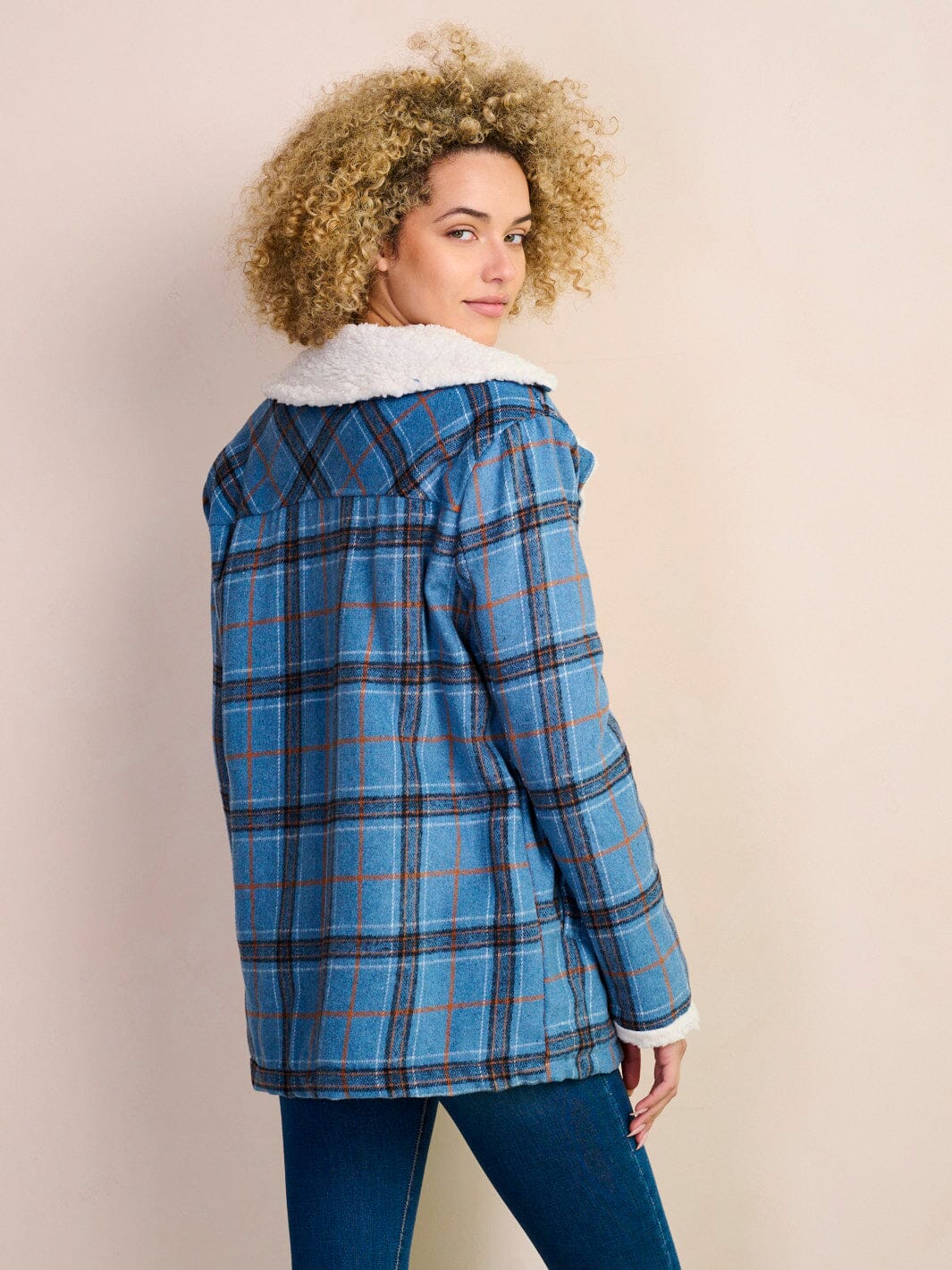 WOMEN'S LONG SLEEVE POCKETS BUTTON CLOSURE PLAID SHERPA JACKET
