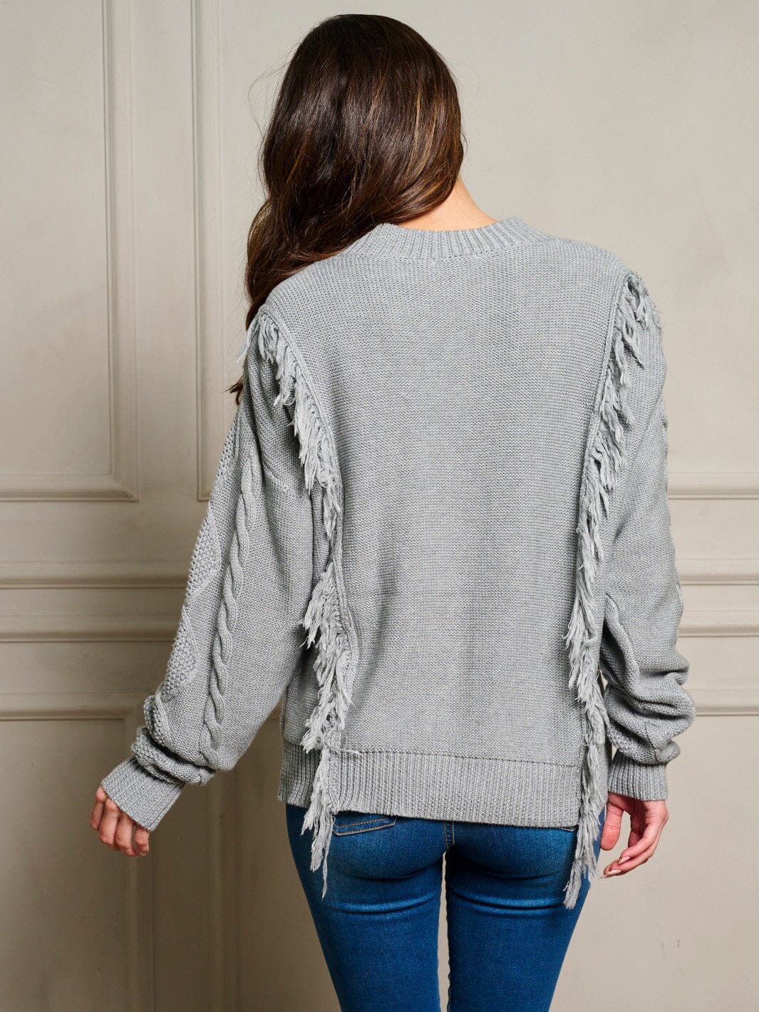 WOMEN'S LONG SLEEVE FRINGE TRIM CABLE KNIT PULLOVER SWEATER