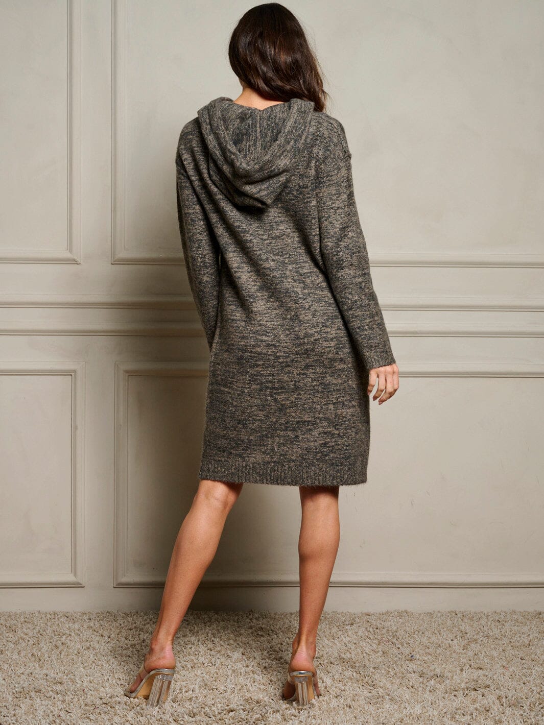 WOMEN'S LONG SLEEVE V-NECK HOODED SWEATER MINI DRESS