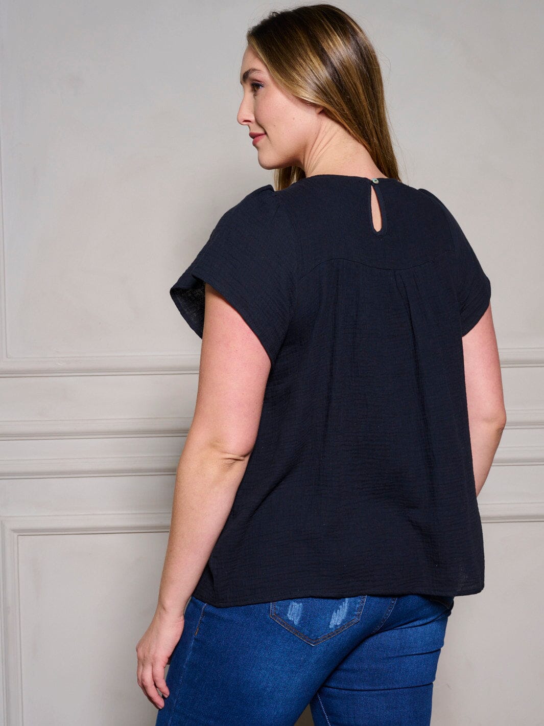 PLUS SIZE SHORT SLEEVE SQUARE NECK TUNIC TRIM DETAILED TOP