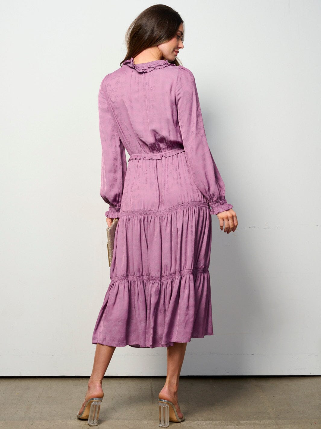 WOMEN'S LONG SLEEVE ELASTIC WAIST TIERED PAISLEY PRINT MAXI DRESS