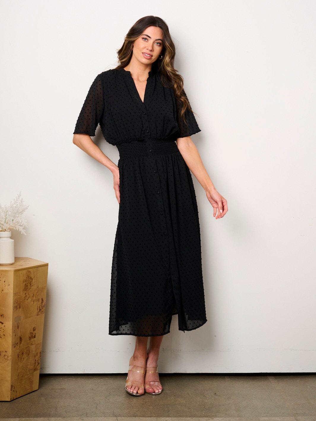 WOMEN'S SHORT SLEEVE BUTTON UP SMOCK SWISS DOTS MAXI DRESS