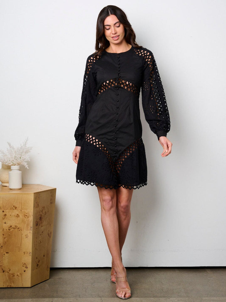 WOMEN'S LONG SLEEVE EYELET DETAILED MINI DRESS