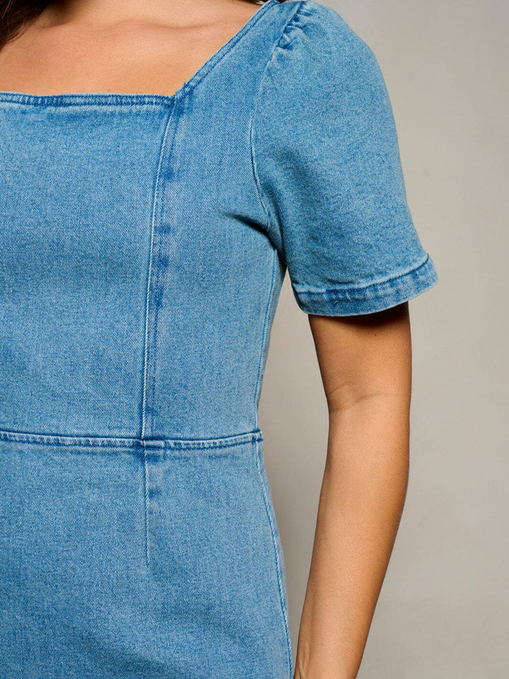 WOMEN'S SHORT SLEEVE SQUARE NECK DENIM MINI DRESS