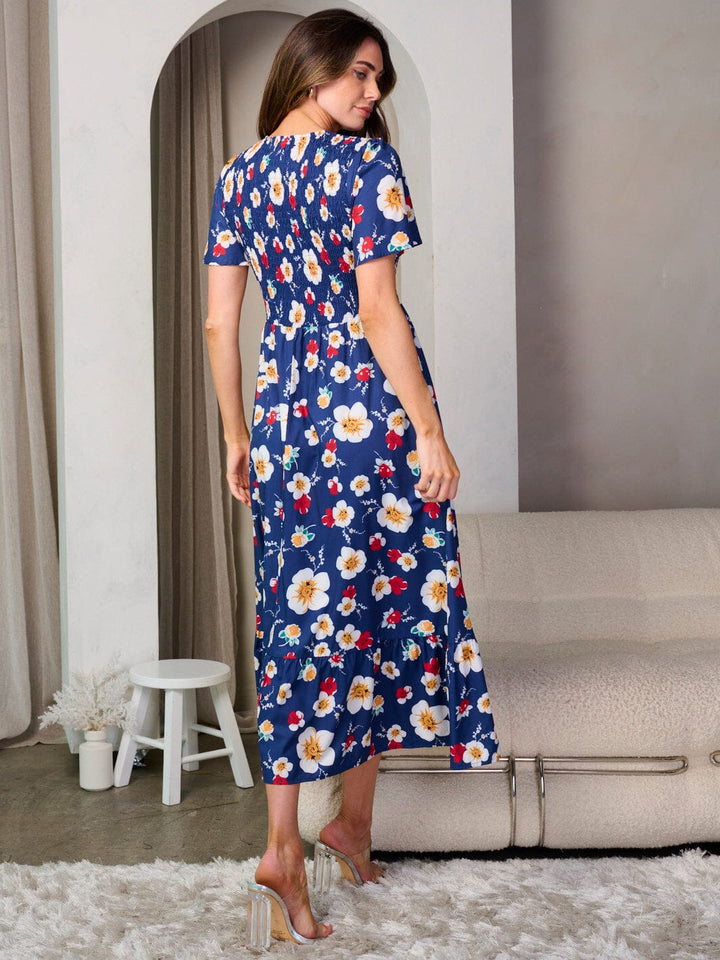 WOMEN'S SHORT SLEEVE V-NECK SMOCK FLORAL MIDI DRESS
