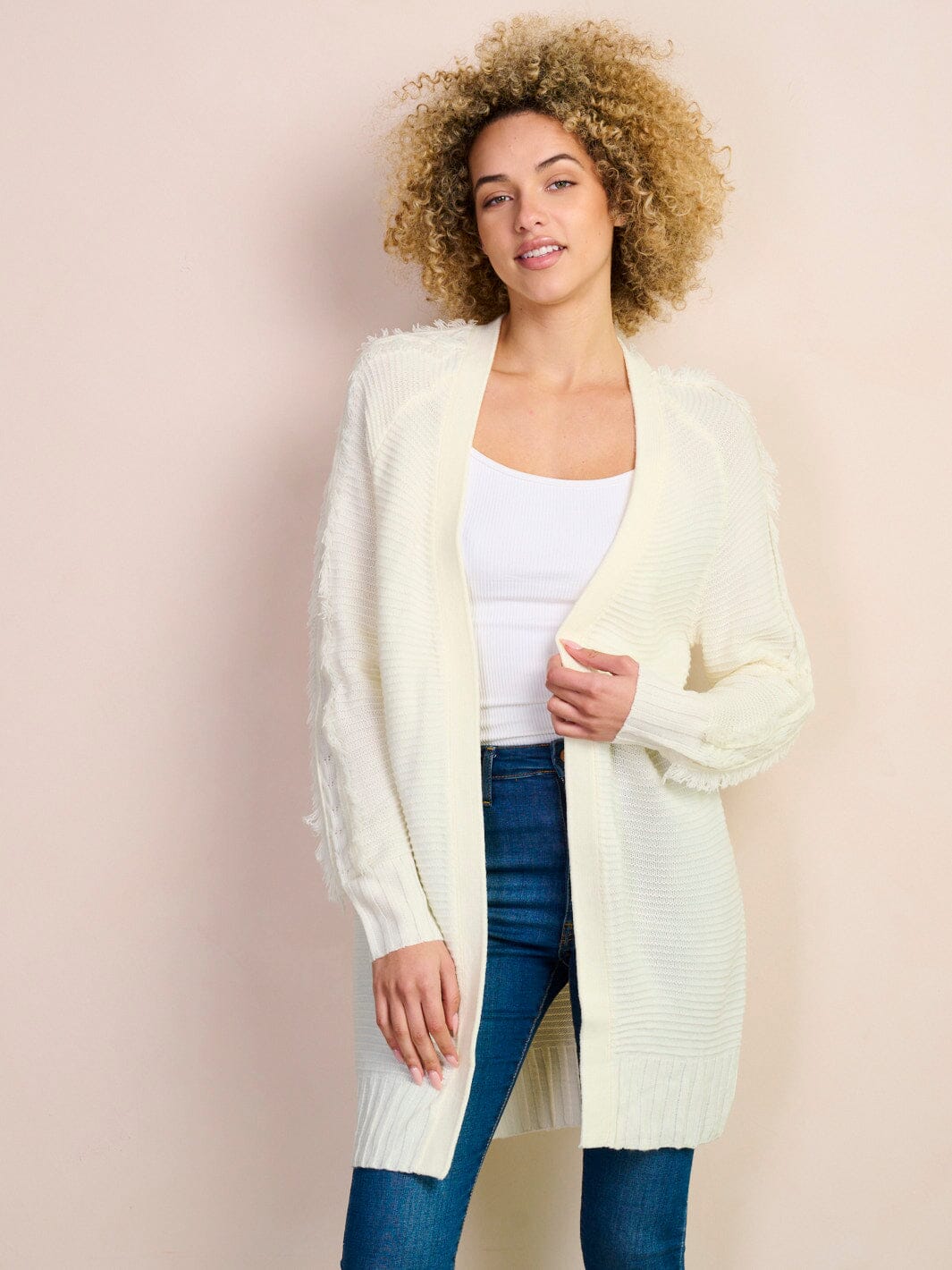 WOMEN'S LONG FRINGE SLEEVE OPEN FRONT RIBBED CARDIGAN