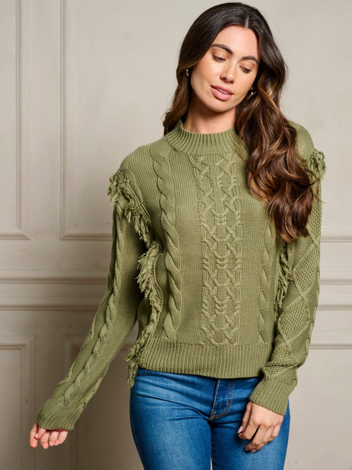 WOMEN'S LONG SLEEVE FRINGE TRIM CABLE KNIT PULLOVER SWEATER