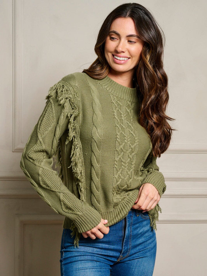 WOMEN'S LONG SLEEVE FRINGE TRIM CABLE KNIT PULLOVER SWEATER