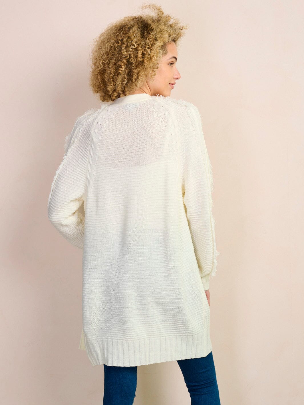 WOMEN'S LONG FRINGE SLEEVE OPEN FRONT RIBBED CARDIGAN