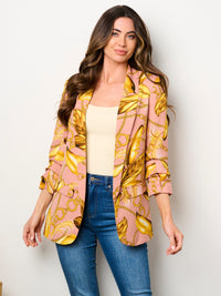 WOMEN'S 3/4 RUCHED SLEEVES OPEN FRONT POCKETS PRINTED BLAZER