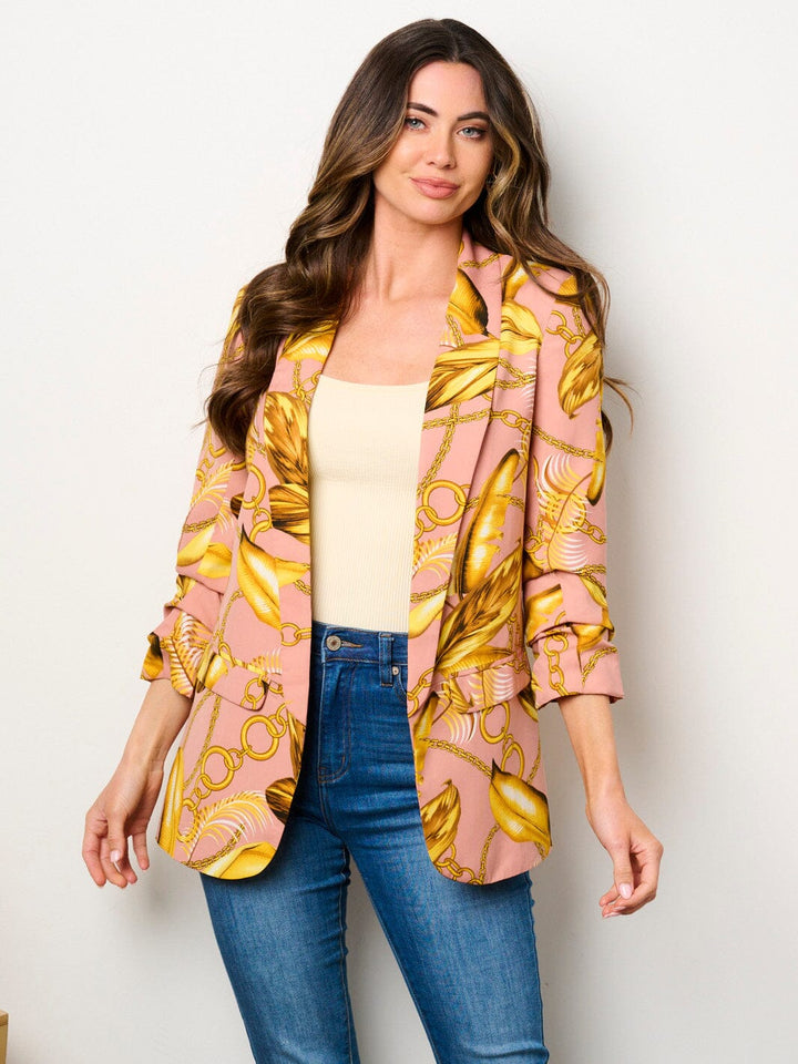 WOMEN'S 3/4 RUCHED SLEEVES OPEN FRONT POCKETS PRINTED BLAZER
