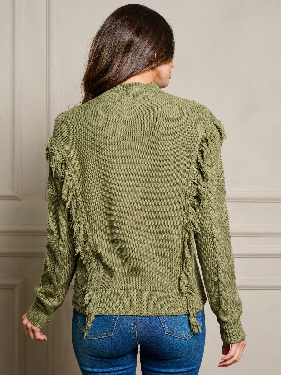 WOMEN'S LONG SLEEVE FRINGE TRIM CABLE KNIT PULLOVER SWEATER